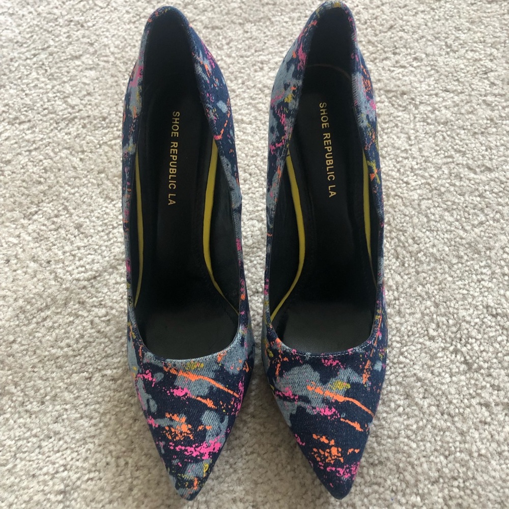 Denim Neon Paint Splatter Stiletto Heels - Pink, Yellow, Blue Jeans Retro 80s - Picture 5 of 6
